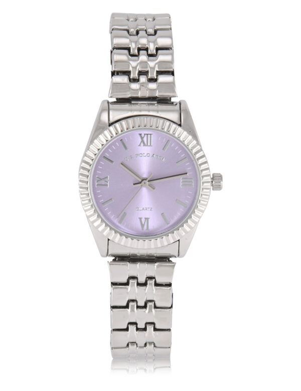 LADIES SILVER LINK WATCH WITH PURPLE FACE