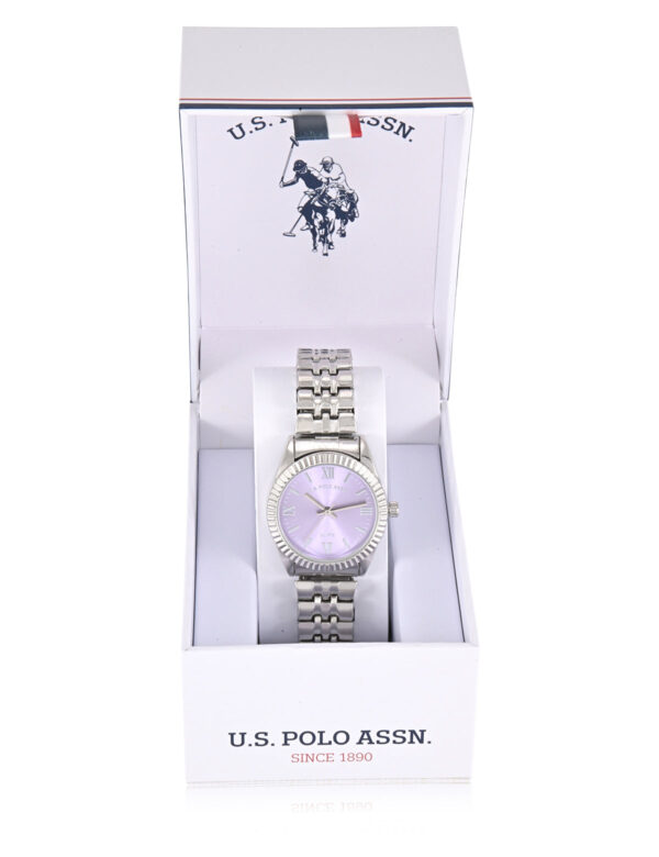 LADIES SILVER LINK WATCH WITH PURPLE FACE